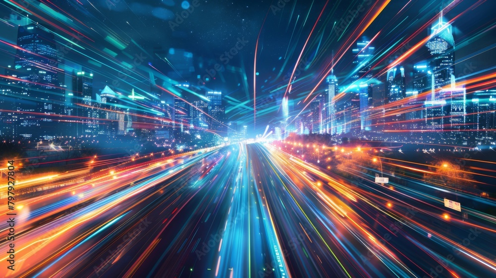 Poster smart city with speed line glowing light trail surround the city. big data connection technology con