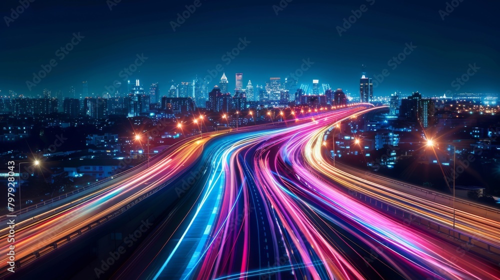 Poster smart city with speed line glowing light trail surround the city. big data connection technology con