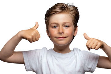 Portrait of handsome boy giving thumbs up isolated on white background