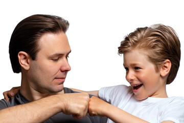 Happy father and son giving a fist bump isolated on white background