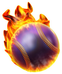 A baseball ball on fire, surrounded by waving flames, symbolizing the dynamic intensity and energy associated with the sport of baseball. 3D illustration