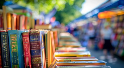 Side close up view of row of books at an open-air fair