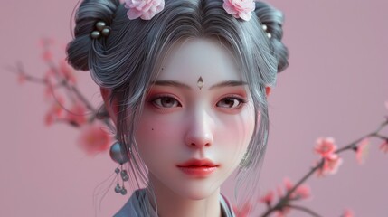 Obraz premium 3D avatar of the goddess of love and beauty, silver hair in two buns with flowers on head, pale pink background, beautiful eyes, pale skin