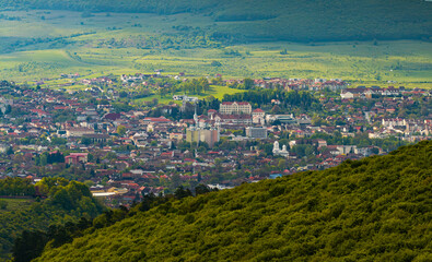 Odorheiu Secuiesc from above. Aerial view of this beautiful city from Transylvania, Harghita county, during a summer sunny day. Travel to Romania.