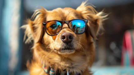 chilled golden retriever dog sporting stylish sunglasses in urban setting