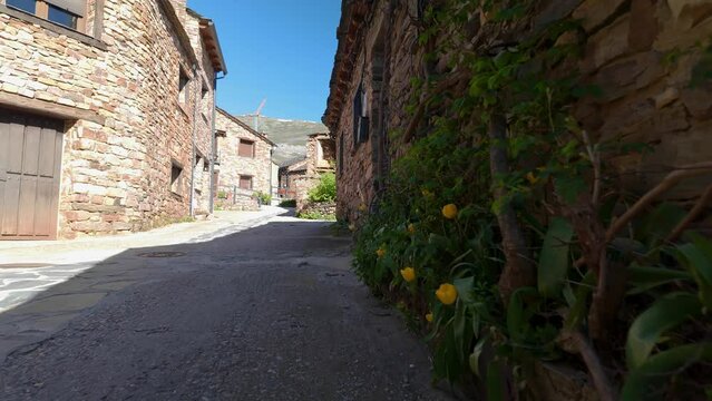Picturesque streets with stone houses on the route of the black villages, Castilla la Mancha.
