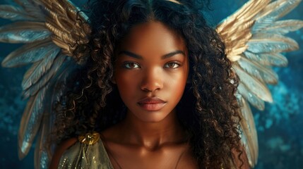 A beautiful African goddess with long curly hair and dark skin wearing an ancient Greek toga with gold accents, large angel wings, dramatic lighting against a dark blue background - obrazy, fototapety, plakaty