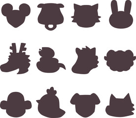 干支の動物たちのシンプルなシルエットのイラストセット