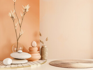 Serene interiors with zen elements in a minimalistic room composition. Copyspace for text, meditation inviting image in peach color.