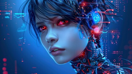 A beautiful cyberpunk woman with short hair and red eyes, her skin is a white color. She has robotic arms with circuitry on them
