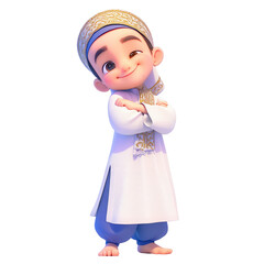 A cartoon character representing an Asian Muslim man is depicted with a beaming smile arms crossed and eyes gazing upward He is dressed in traditional attire for Eid al Fitr standing against