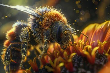 Illustrate an extreme close-up of a bee collecting nectar from a vibrant sunflower