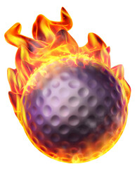 A golf ball on fire, surrounded by waving flames, radiating with the dynamic intensity and energy of the sport of golf. 3D illustration