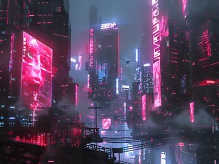 Render a cyberpunk-inspired cityscape where skyscrapers morph into intricate hair mask designs upon closer inspection, fusing futuristic elements in a captivating zoom display