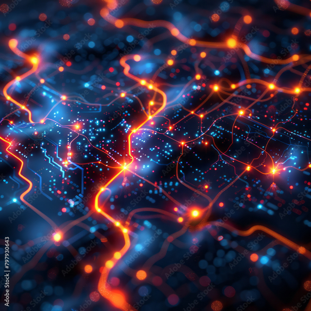 Poster A complex network of glowing digital nodes connected by laser-like beams, creating a futuristic circuit board look,