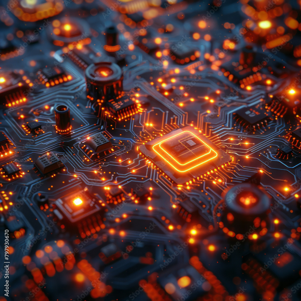 Leinwandbilder A complex network of glowing digital nodes connected by laser-like beams, creating a futuristic circuit board look,