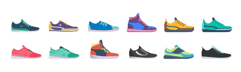 PNG, Sportwear sneaker, everyday footwear clothing isolated on white background. Collection sneakers and shoes for sport in flat style. Shoes icons set. High and low keds. Vector illustration