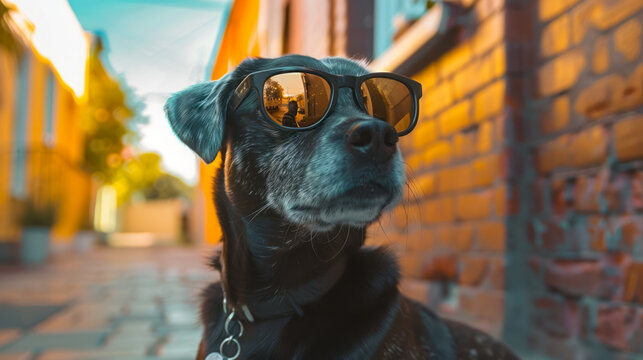 black labrador retriever with reflective sunglasses on city street
