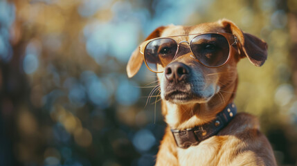 fashionable dog with elegant glasses posing in golden hour light - obrazy, fototapety, plakaty