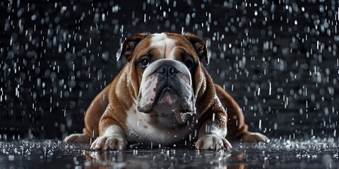 Bulldog adult English bulldog in the rain with dark background - obrazy, fototapety, plakaty