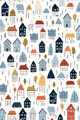 Repeating houses, childdrawn style, simple lines, flat graphic illustration, white vector background ,  repeating pattern drawing