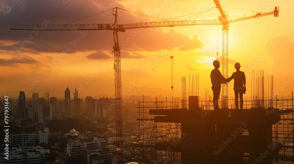 Poster Structural engineer and architect working with building crane transfer control at the outdoors construction site.