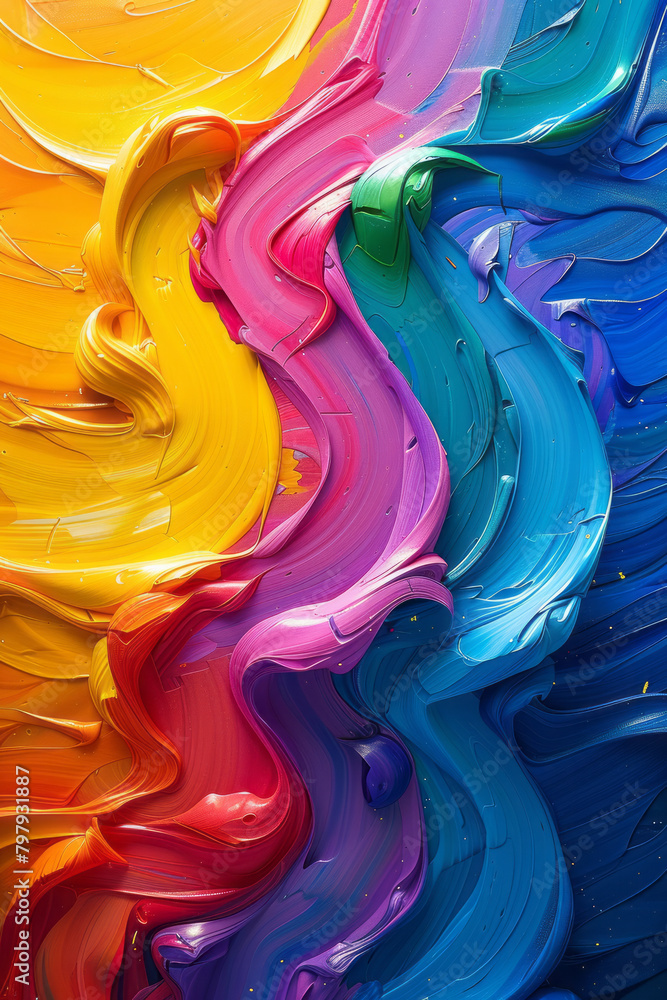 Poster a vibrant abstract work with looping vector strokes in a rainbow of colors, creating a sense of joy 