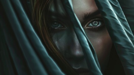 Naklejka premium A beautiful woman's face is partially hidden behind a curtain, with only one eye visible and looking directly forward, in dark tones and high resolution with a hyper realistic