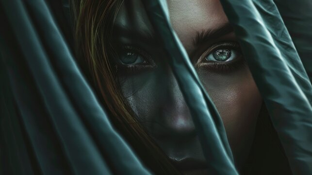 A beautiful woman's face is partially hidden behind a curtain, with only one eye visible and looking directly forward, in dark tones and high resolution with a hyper realistic