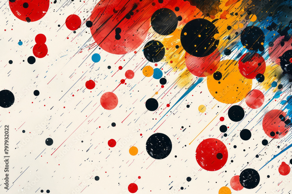 Fototapete a playful abstract design using scattered vector dots and lines in bright, primary colors,