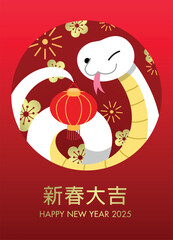 Happy chinese new year of the snake 2025 greeting card with cute snake holding a red lantern. Lantern festival celebration.