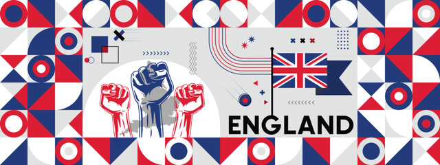  Flag and map of England with raised fists. National day or Independence day design for Counrty celebration. Modern retro design with abstract icons. Vector illustration.