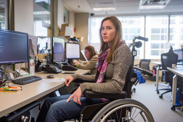 Obraz premium Woman in a wheelchair streamlining office procedures
