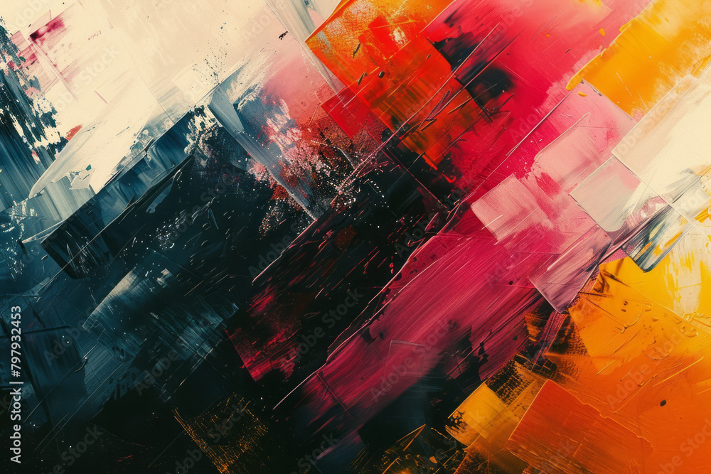 Poster a chaotic abstract painting with overlapping vector strokes in multiple colors, creating a sense of 