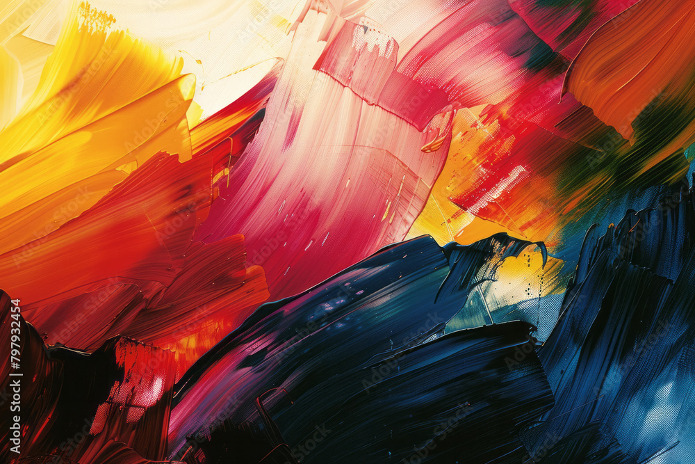 Poster a chaotic abstract painting with overlapping vector strokes in multiple colors, creating a sense of 