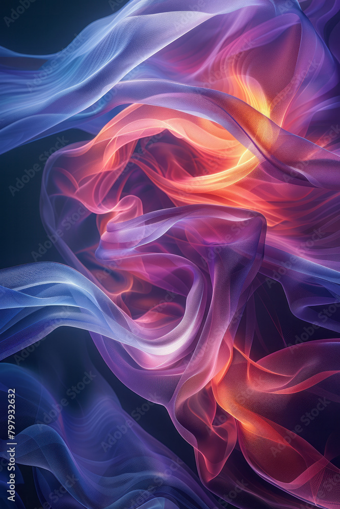 Poster a serene abstract composition using soft, undulating vector lines in a gradient from purple to blue,