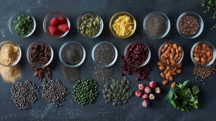 Superfoods Assortment on Dark grey Surface, Variety of healthy superfoods, nuts, seeds, fruits, and greens