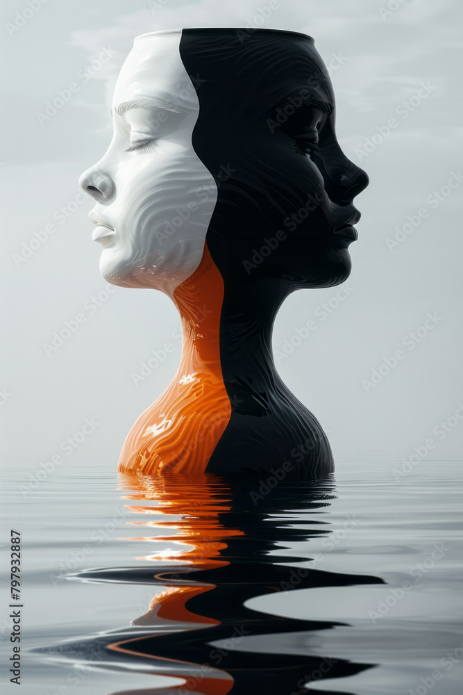 Poster Create a vector optical illusion of a vase that doubles as two faces in profile, playing with positive and negative space,