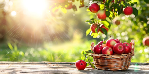 basket of red fresh apples on a wooden table with bokeh background