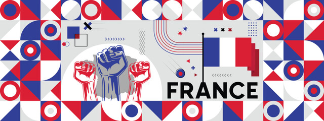 Obraz premium Flag and map of France with raised fists. National day or Independence day design for Counrty celebration. Modern retro design with abstract icons. Vector illustration.