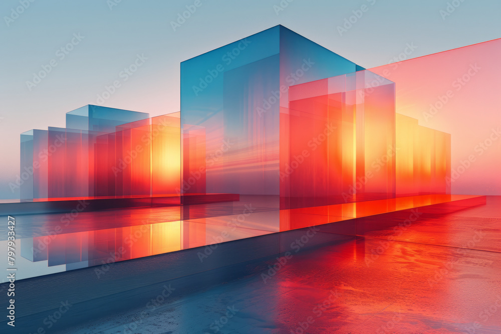 Poster a design that uses color gradients and geometric shapes to create a 3d effect on a flat surface,