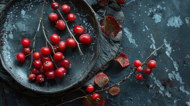Everyday life  top down food photography of hawthorn on stone table with hard light in neutral tones