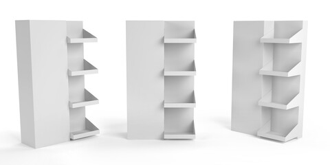 Supermarket Promotional Display Rack, Empty Product Display, PDQ Display Box With Three Different View, 3D Rendered.