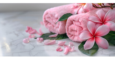 Obraz na płótnie Canvas beautiful pink lily rolled pink spa towel and frangipani flowers