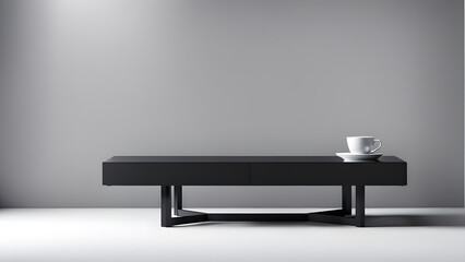 A black coffee table with a white cup and saucer on top of it