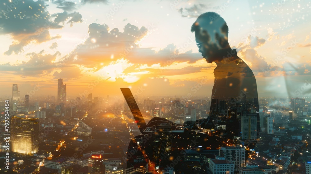 Poster the double exposure image of the businessman using a laptop computer during sunrise overlay with cit