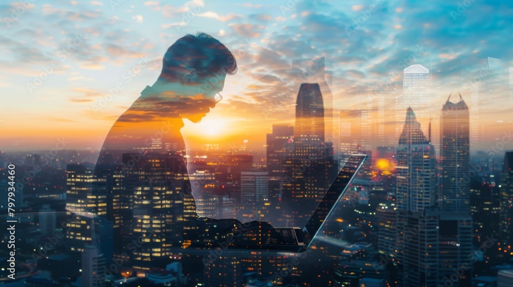 Poster the double exposure image of the businessman using a laptop computer during sunrise overlay with cit