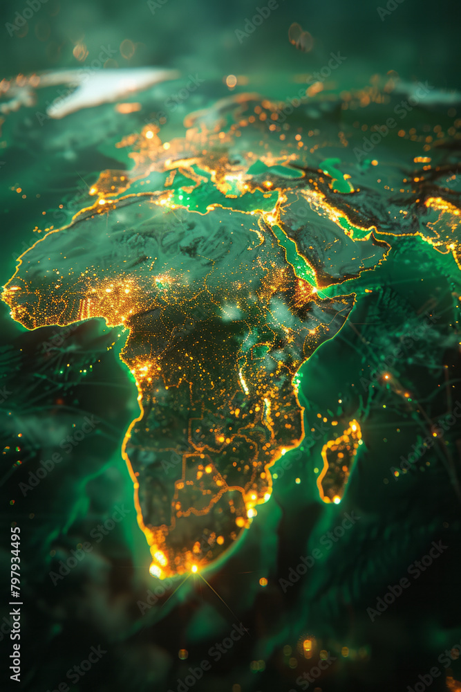 Poster an interactive map visualization of internet usage rates across different continents, highlighted wi