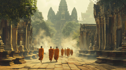 Monks silently wander amid ancient temple ruins. - obrazy, fototapety, plakaty
