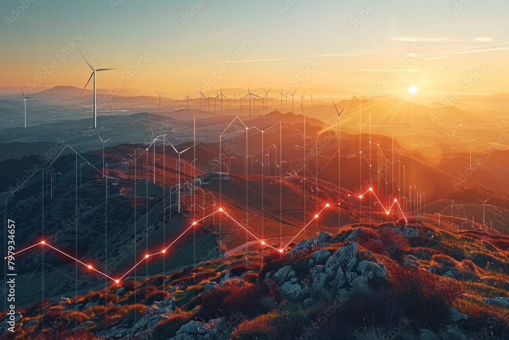 Poster a set of minimalist line graphs showing the trends in renewable energy adoption, with clean, sharp l